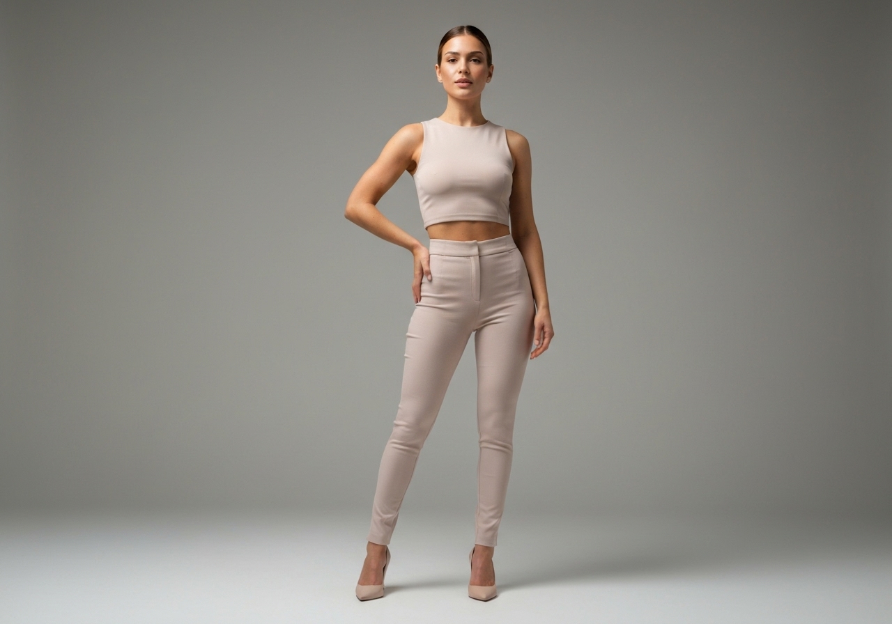Modelo con conjunto beige, imagen de Mis Avatares en el configurador